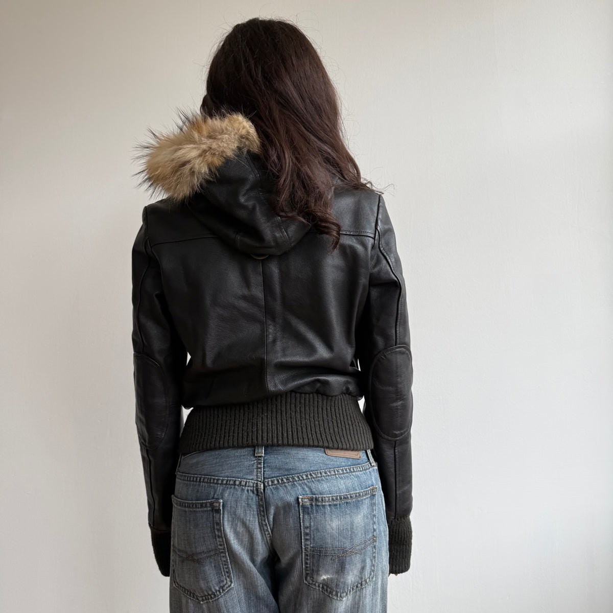 Black leather fur hood bomber - Size S