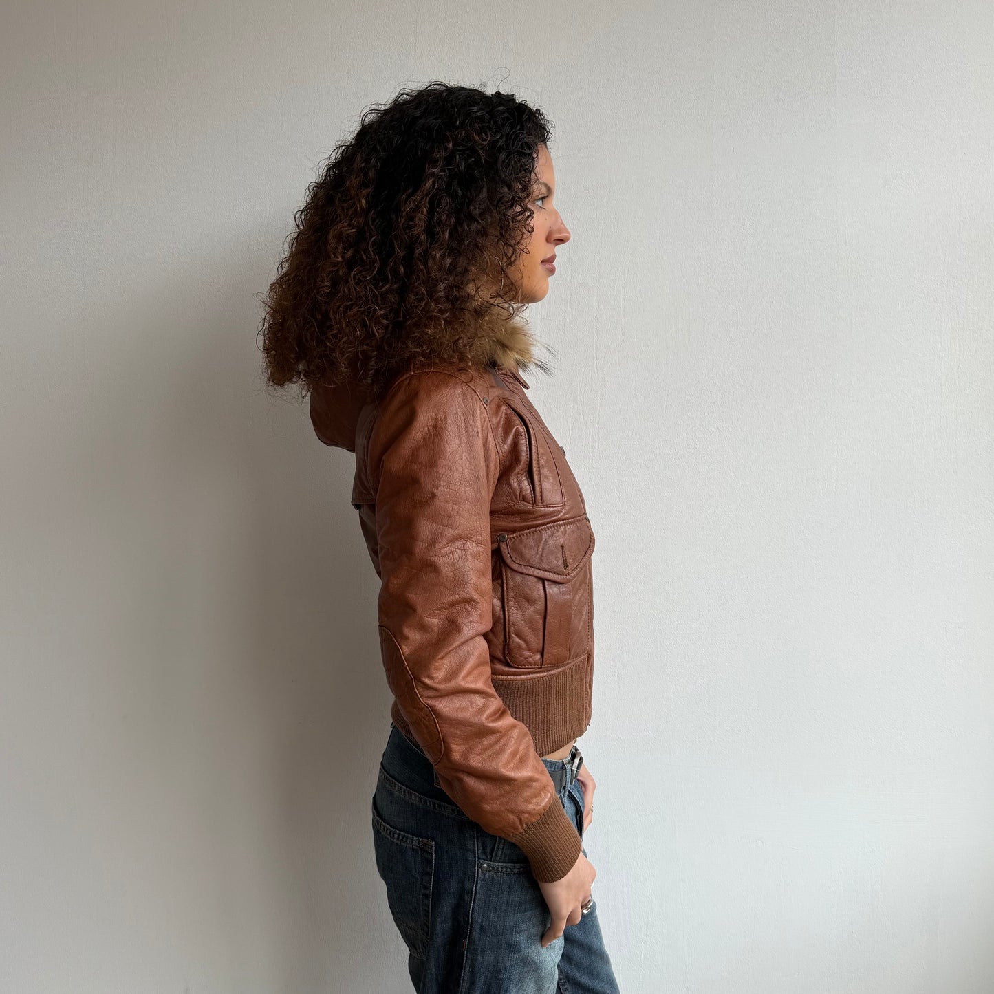 Brown leather real fur bomber - Size M