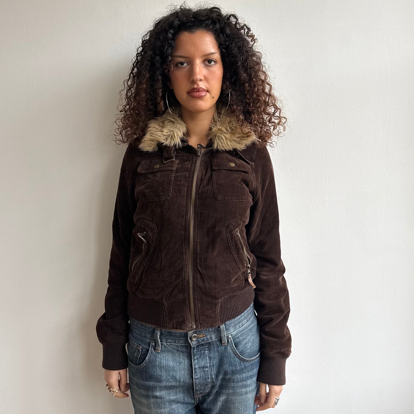 Brown cord fur collar bomber - Size M