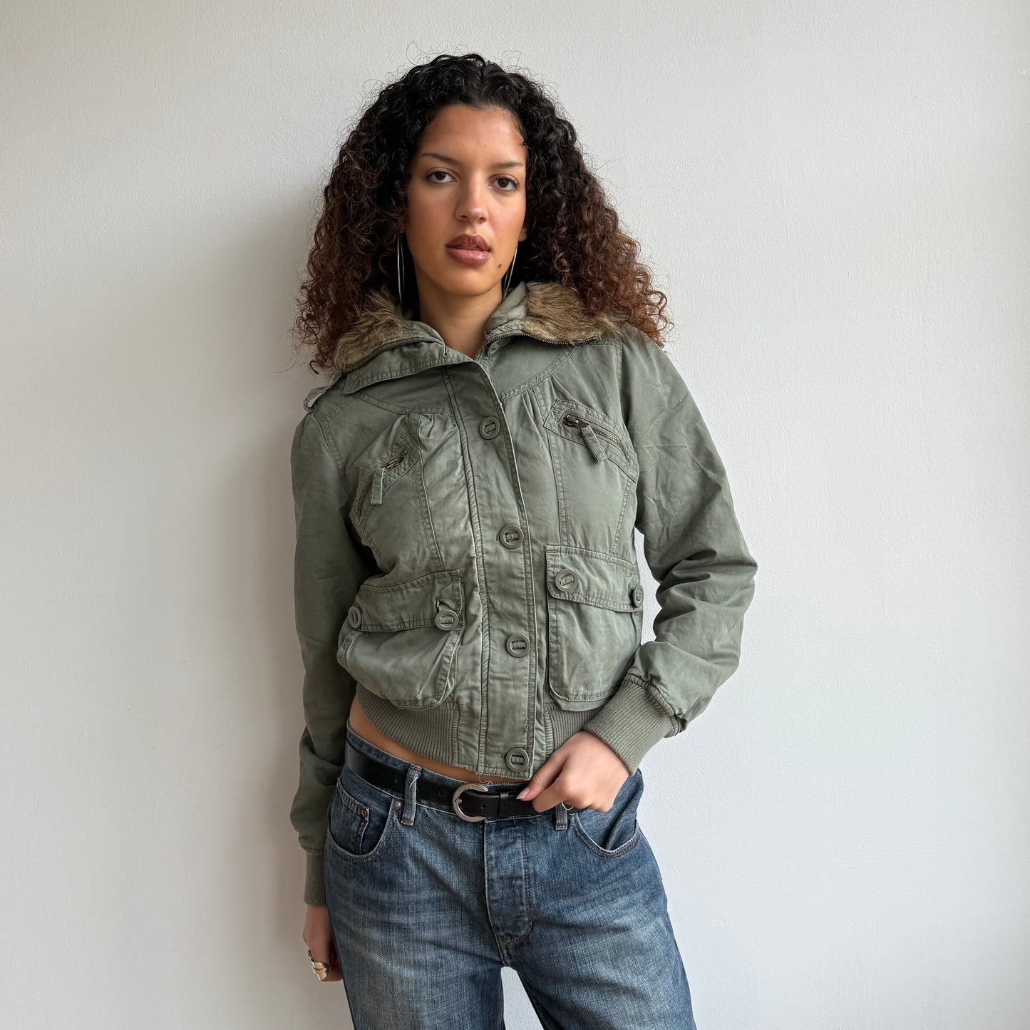 Khaki fur bomber jacket - Size M