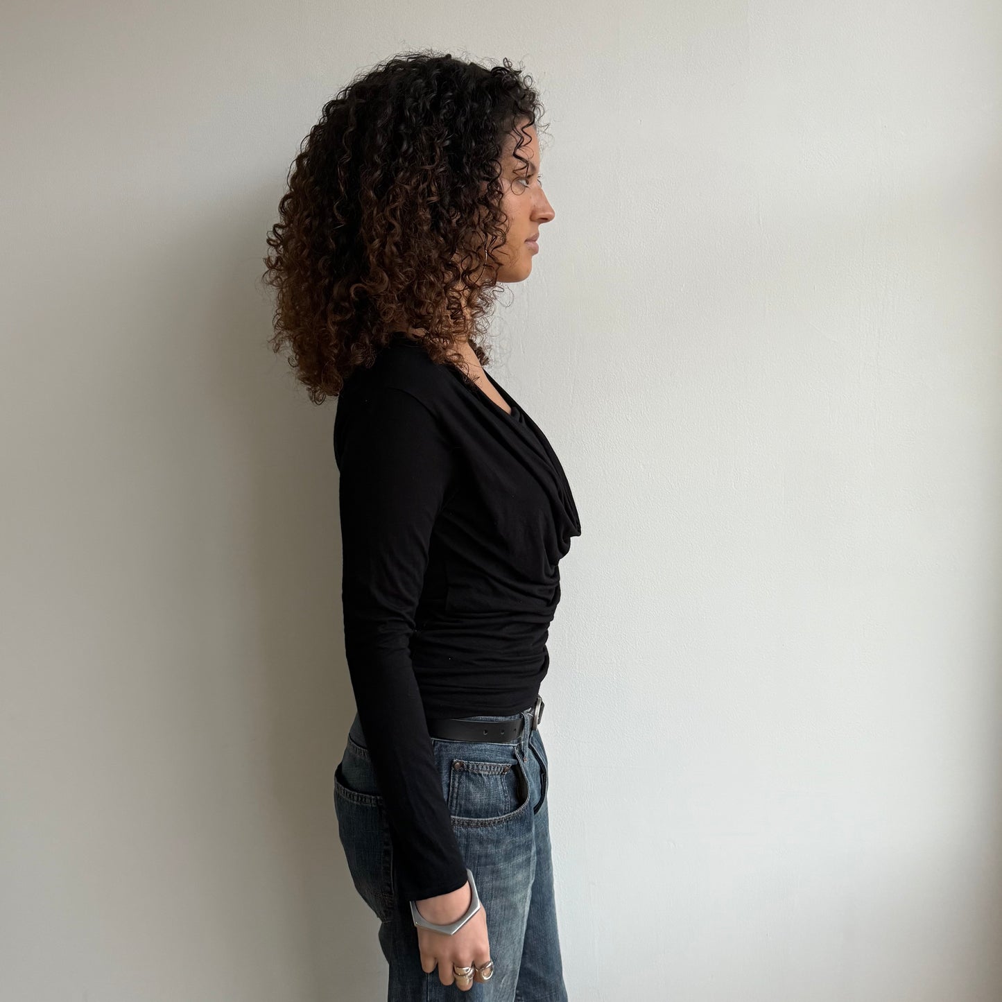 Black long sleeve slouchy cowl top - Size M