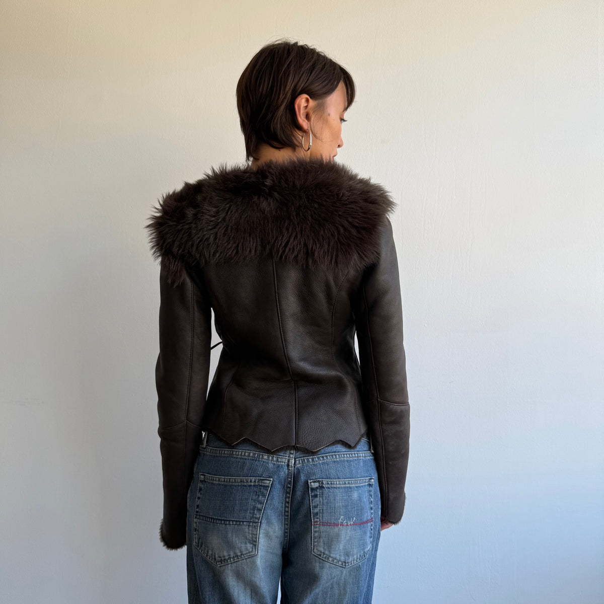 Brown leather fur tie afghan - Size S