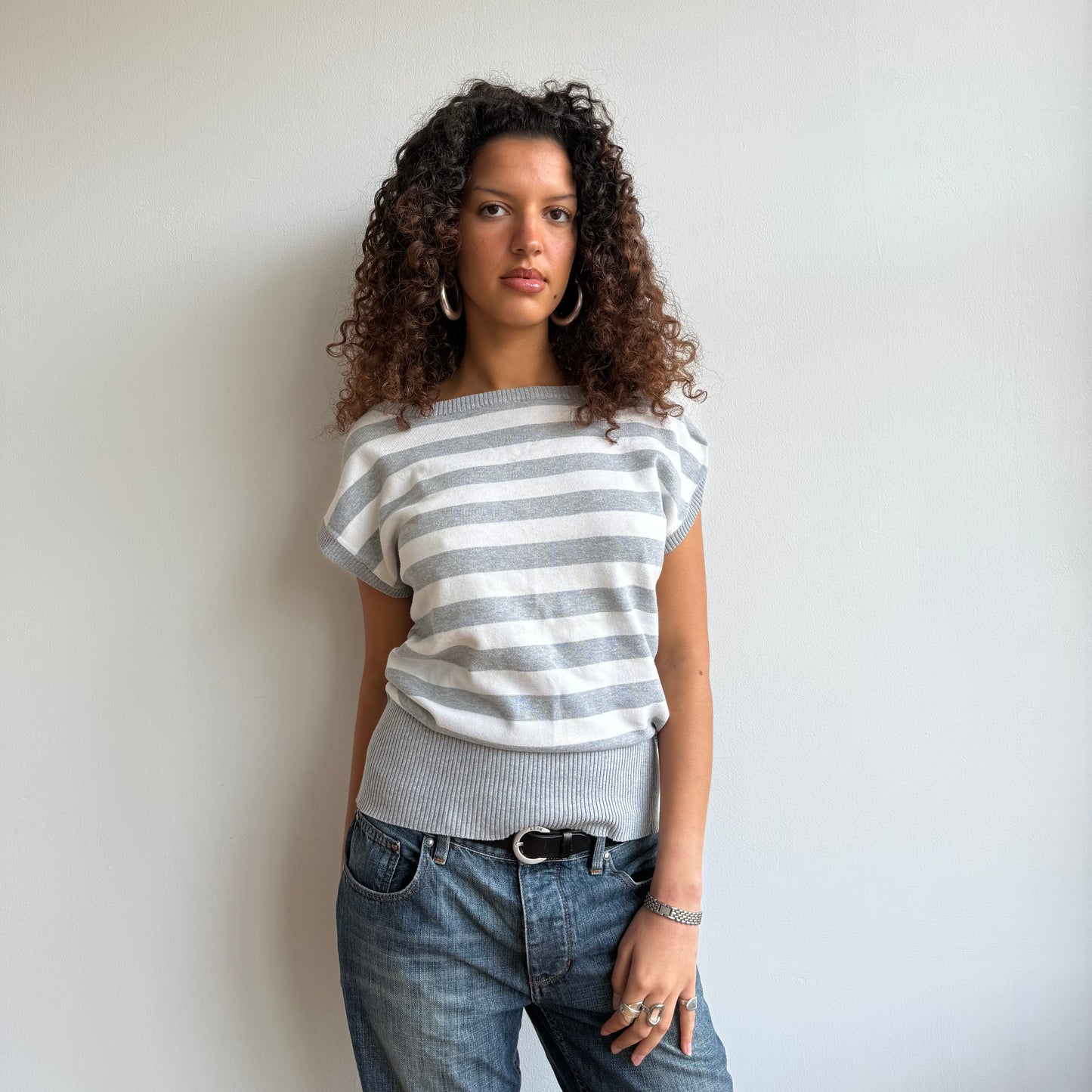 Grey + white stripe slouchy knit - Size M