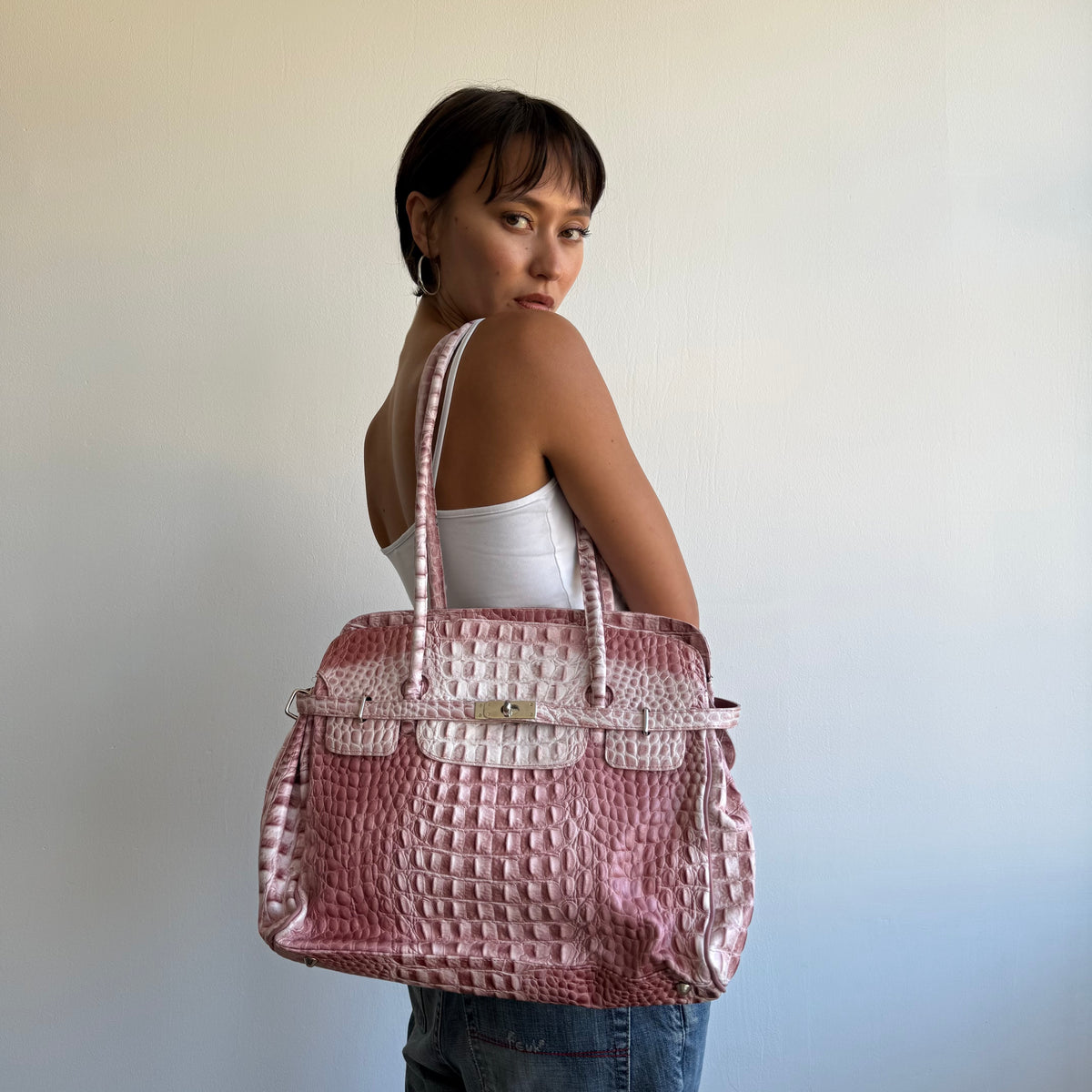 Pink snake leather firkin bag - One Size