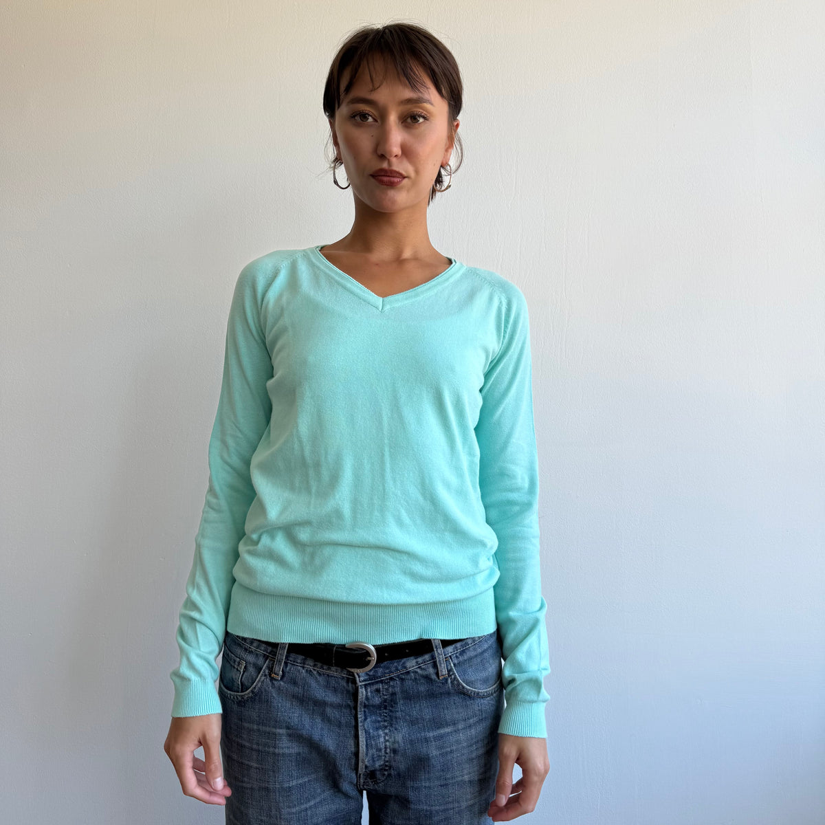 Turquoise v-neck knit jumper - Size M