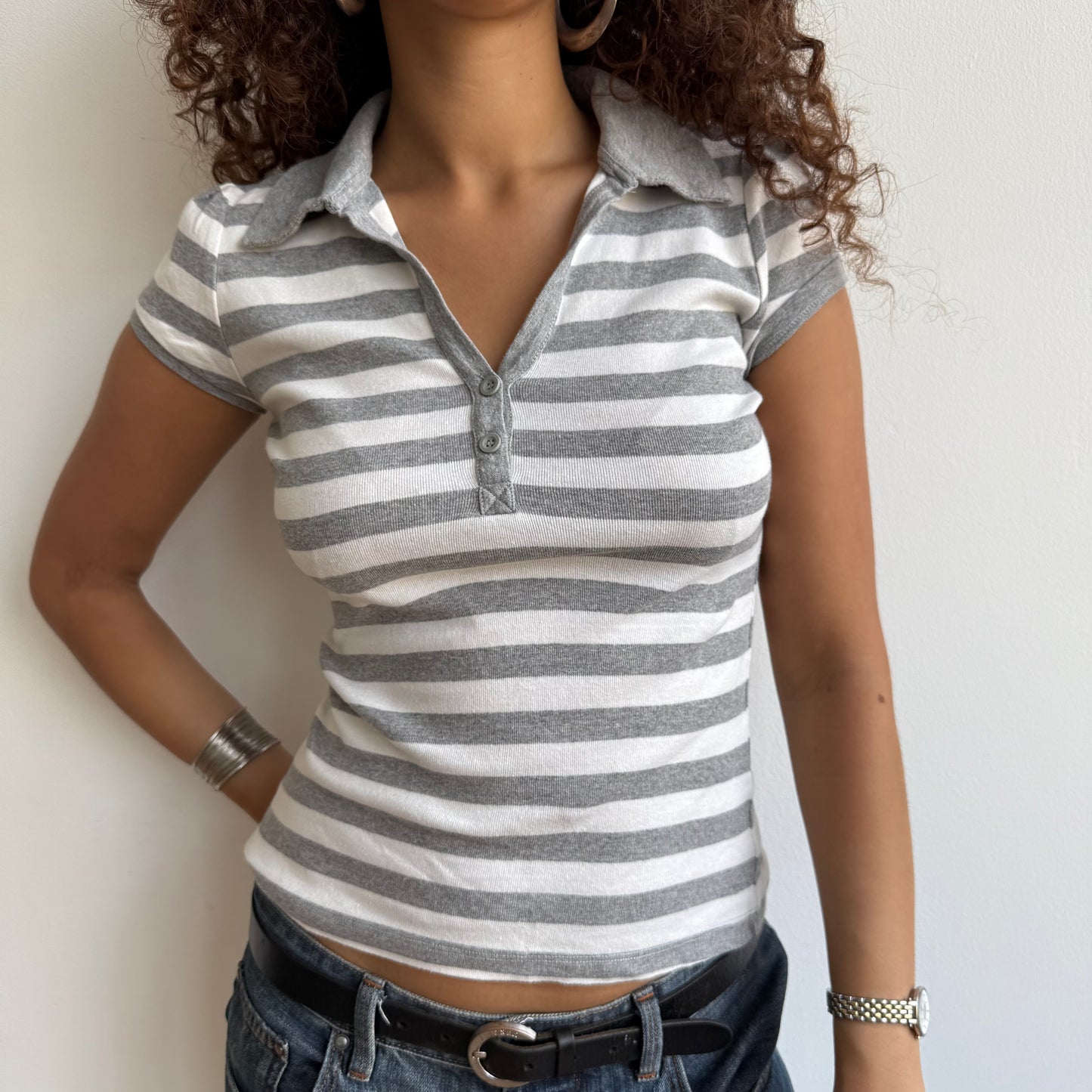 Grey + white striped polo - Size S/M