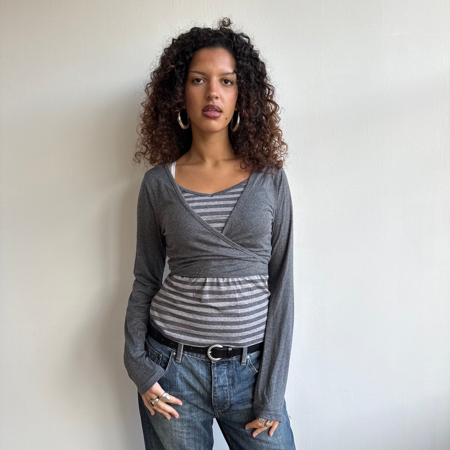 Grey striped wrap ballet top - Size M