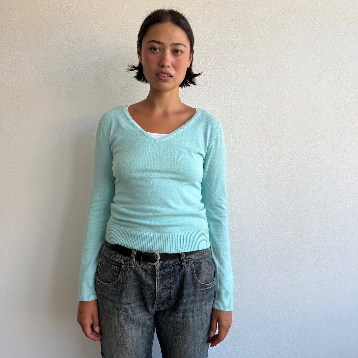 Turquoise v-neck knit jumper - Size S