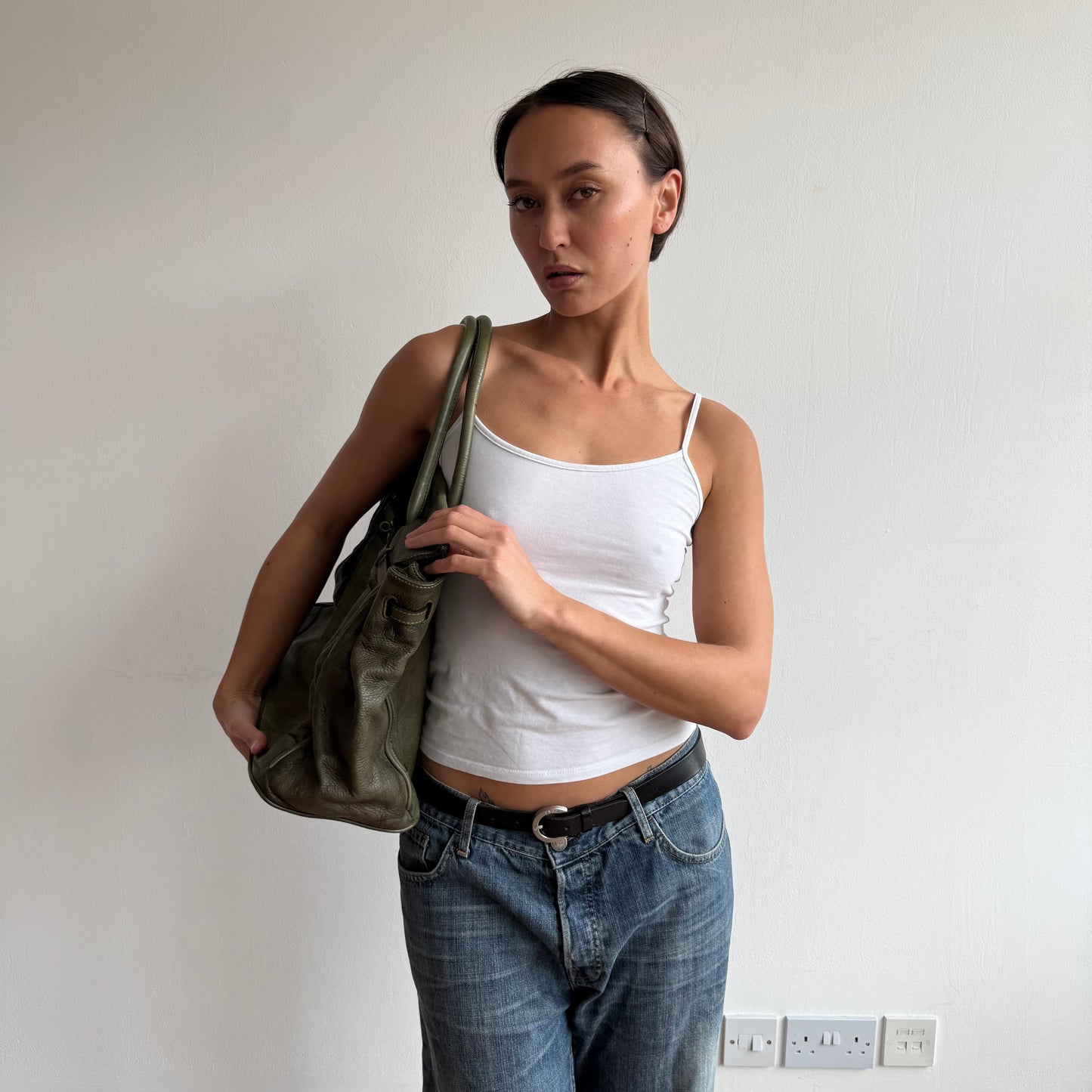 Moss green leather ‘firkin’ bag - One Size