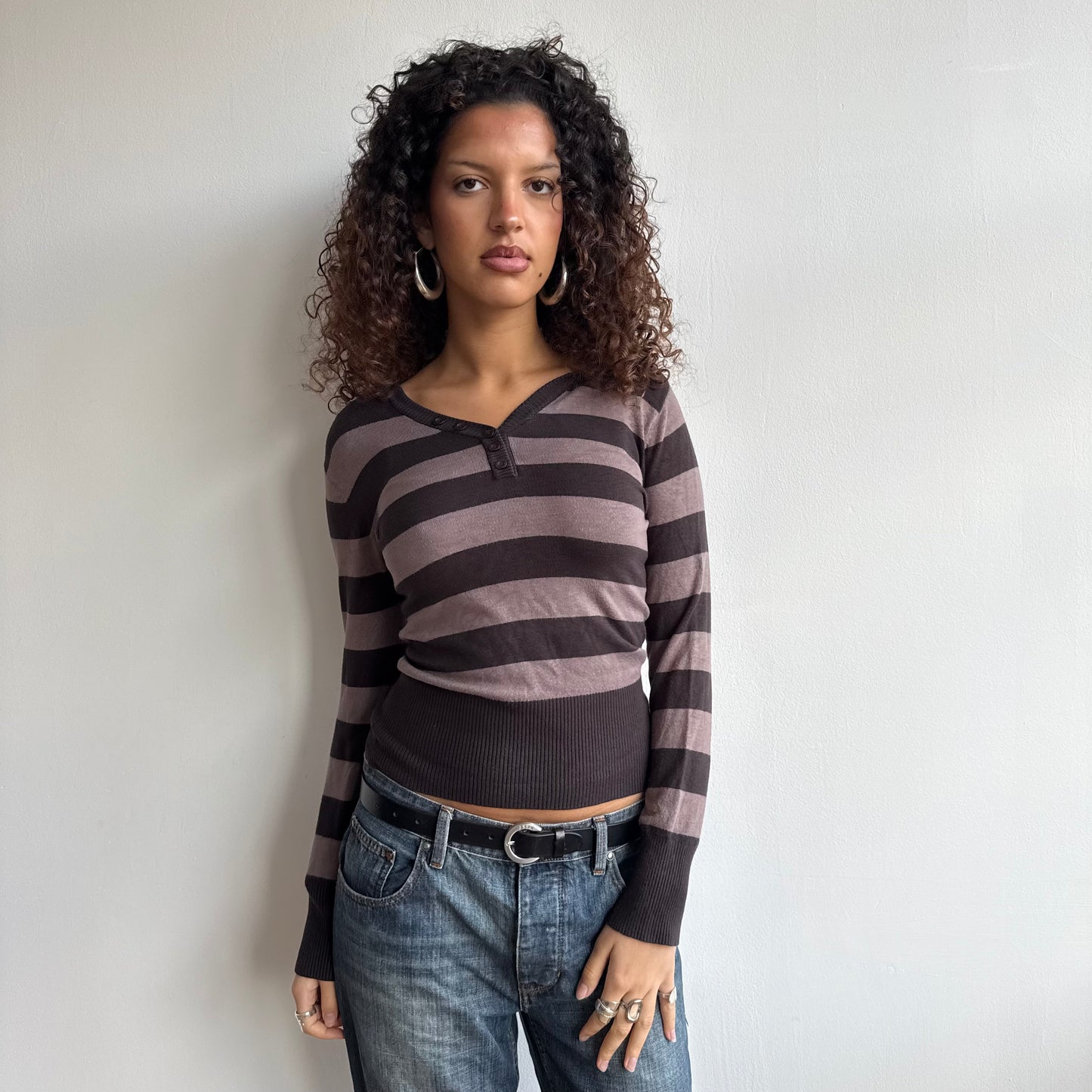 Brown striped knit hoodie - Size M-L