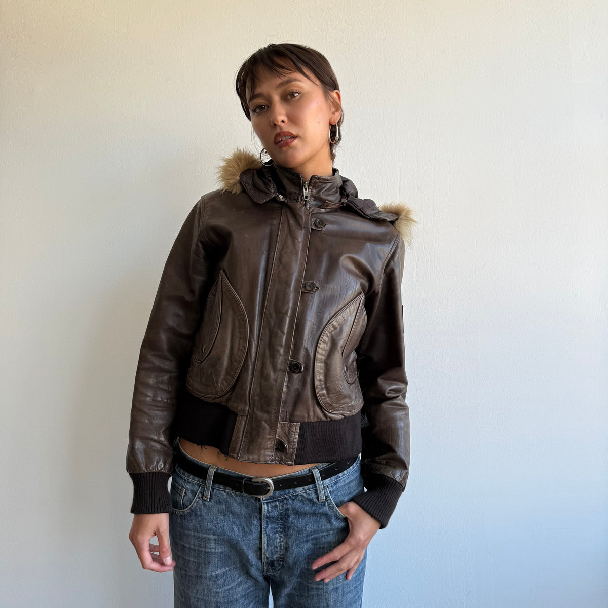 Brown leather fur hood bomber - Size M