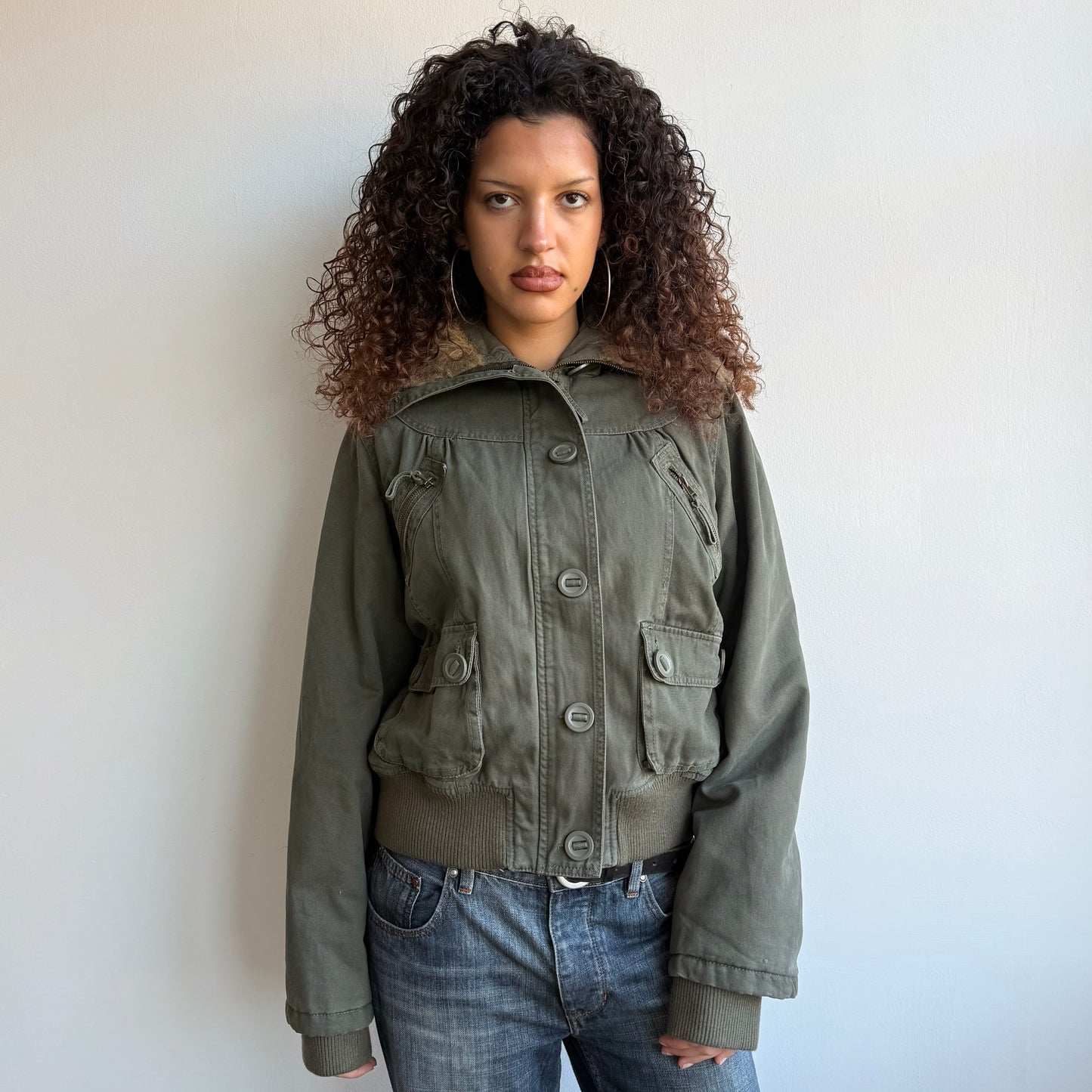 Khaki faux fur hood bomber - Size M