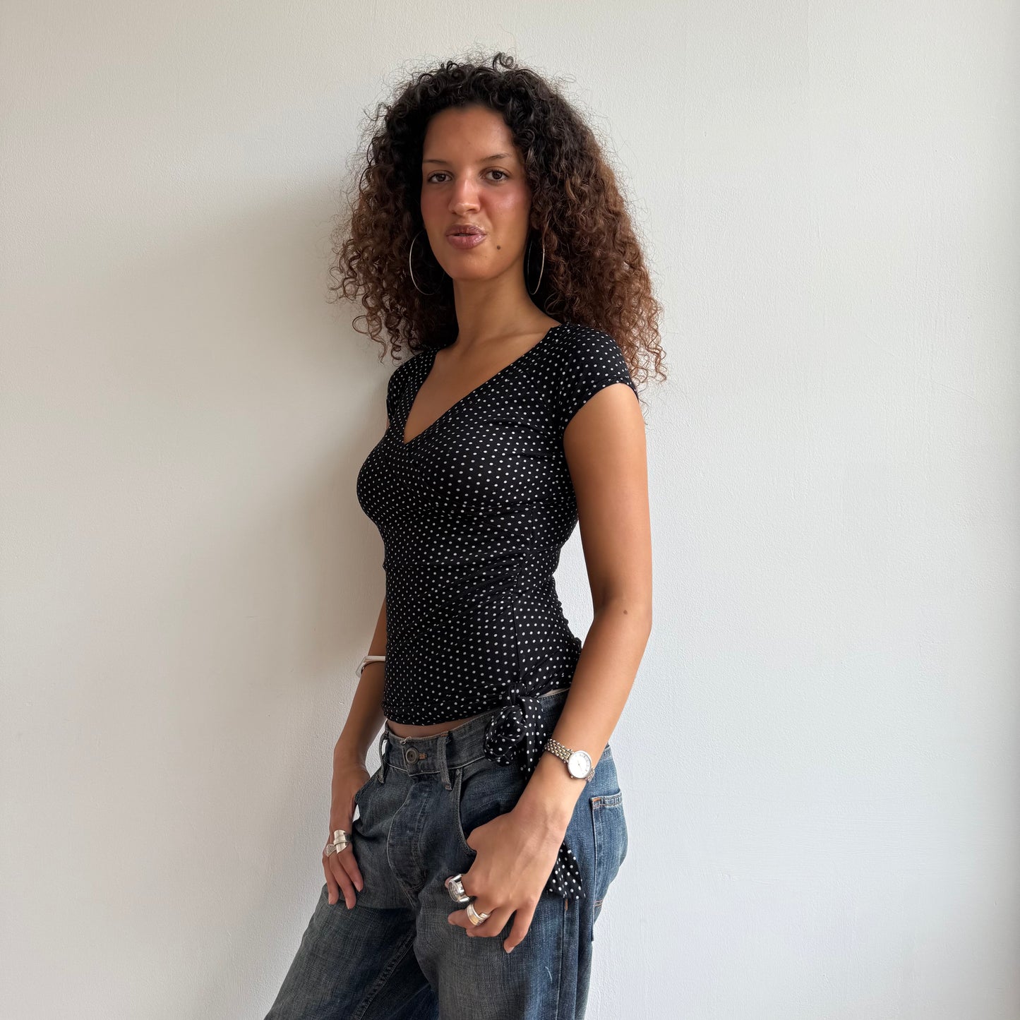 Micro polka dot tie side wrap top - Size M (1)