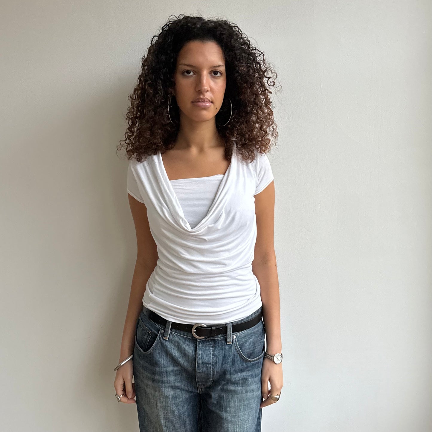 White short sleeve slouchy cowl top - Size M