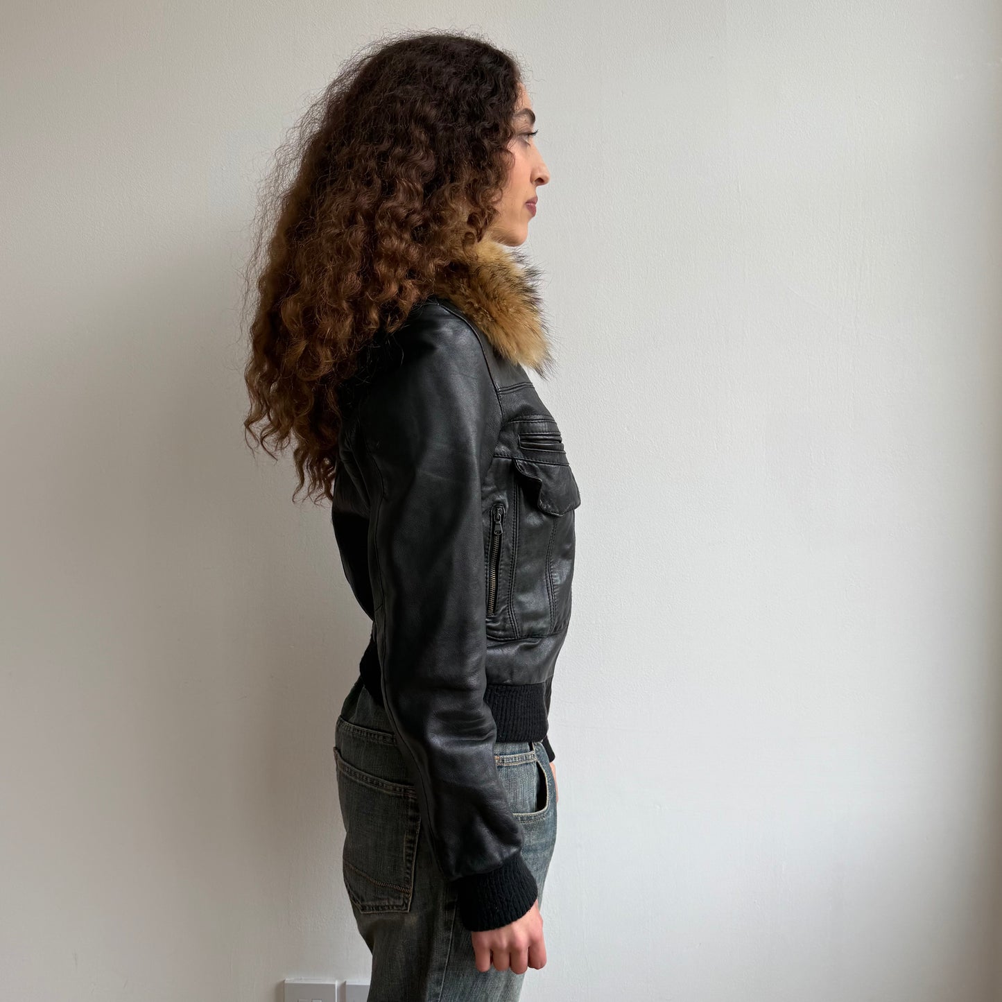 Black leather fur collar bomber - Size M