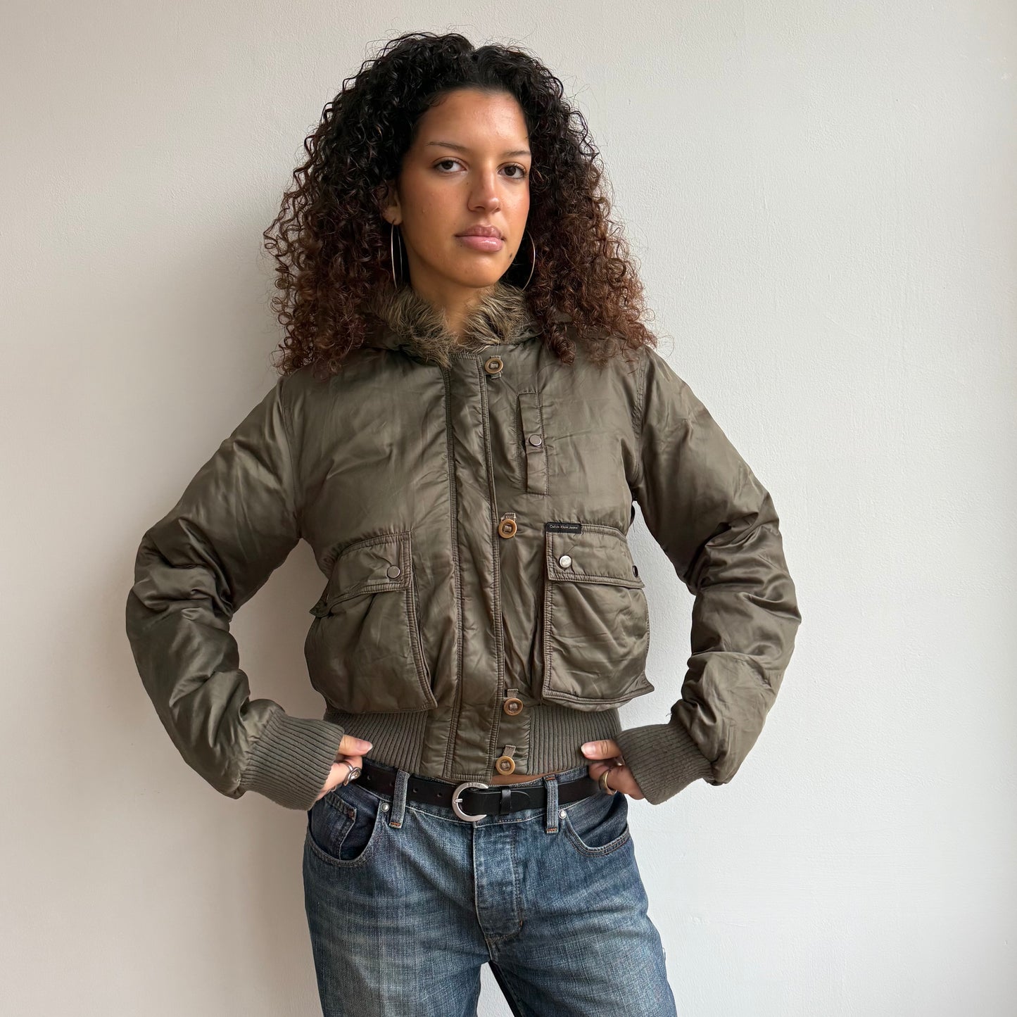 Calvin Klein khaki fur bomber - Size M