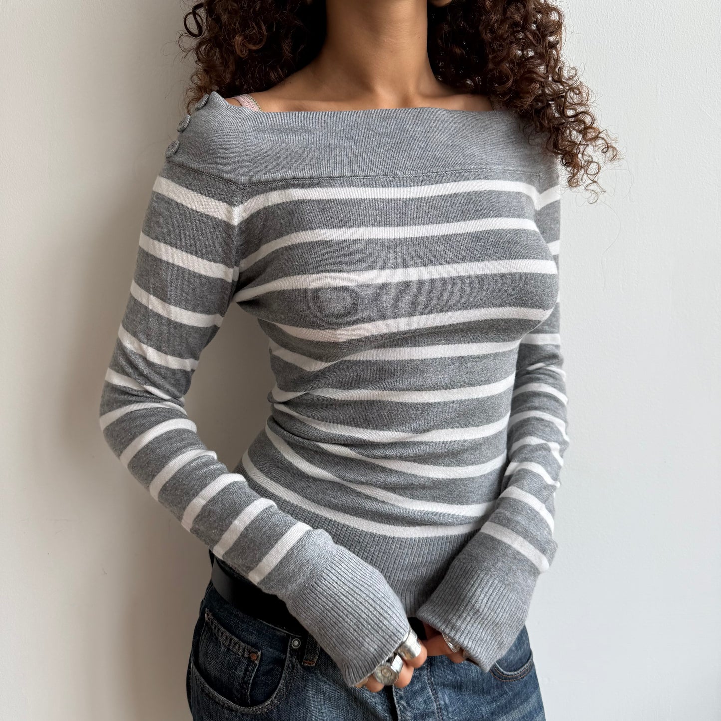 Grey + white striped bardot knit - Size S/M