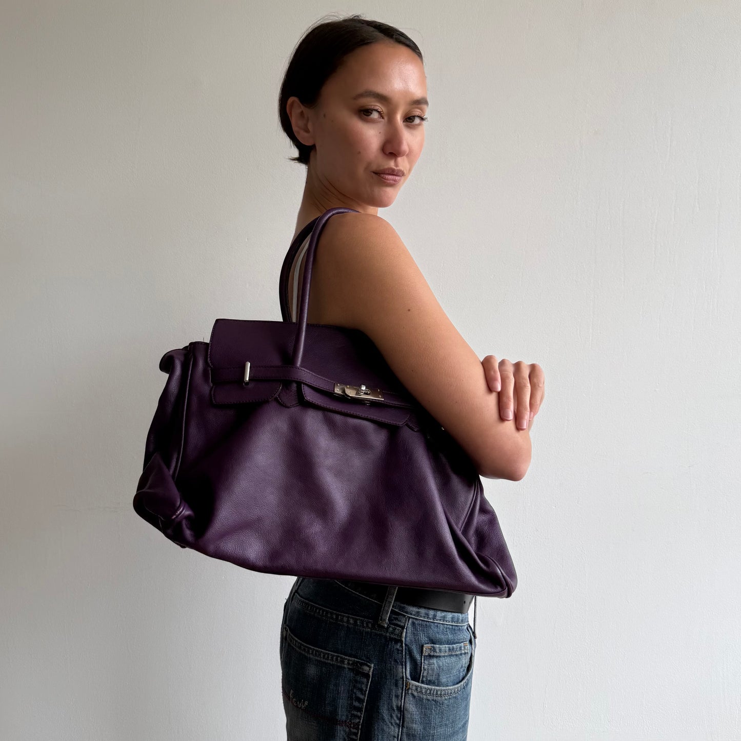 Purple leather ‘firkin’ bag - One Size