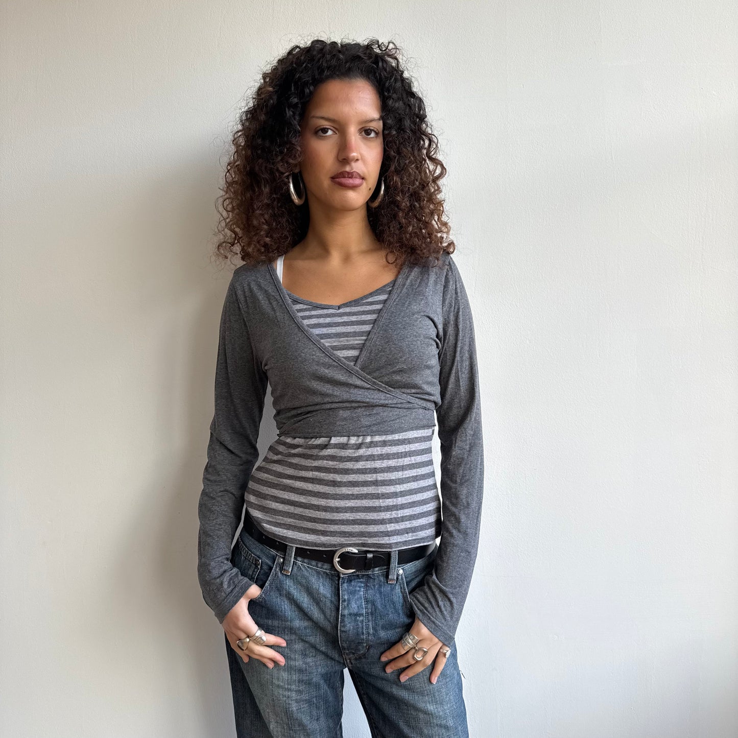 Grey striped wrap ballet top - Size M