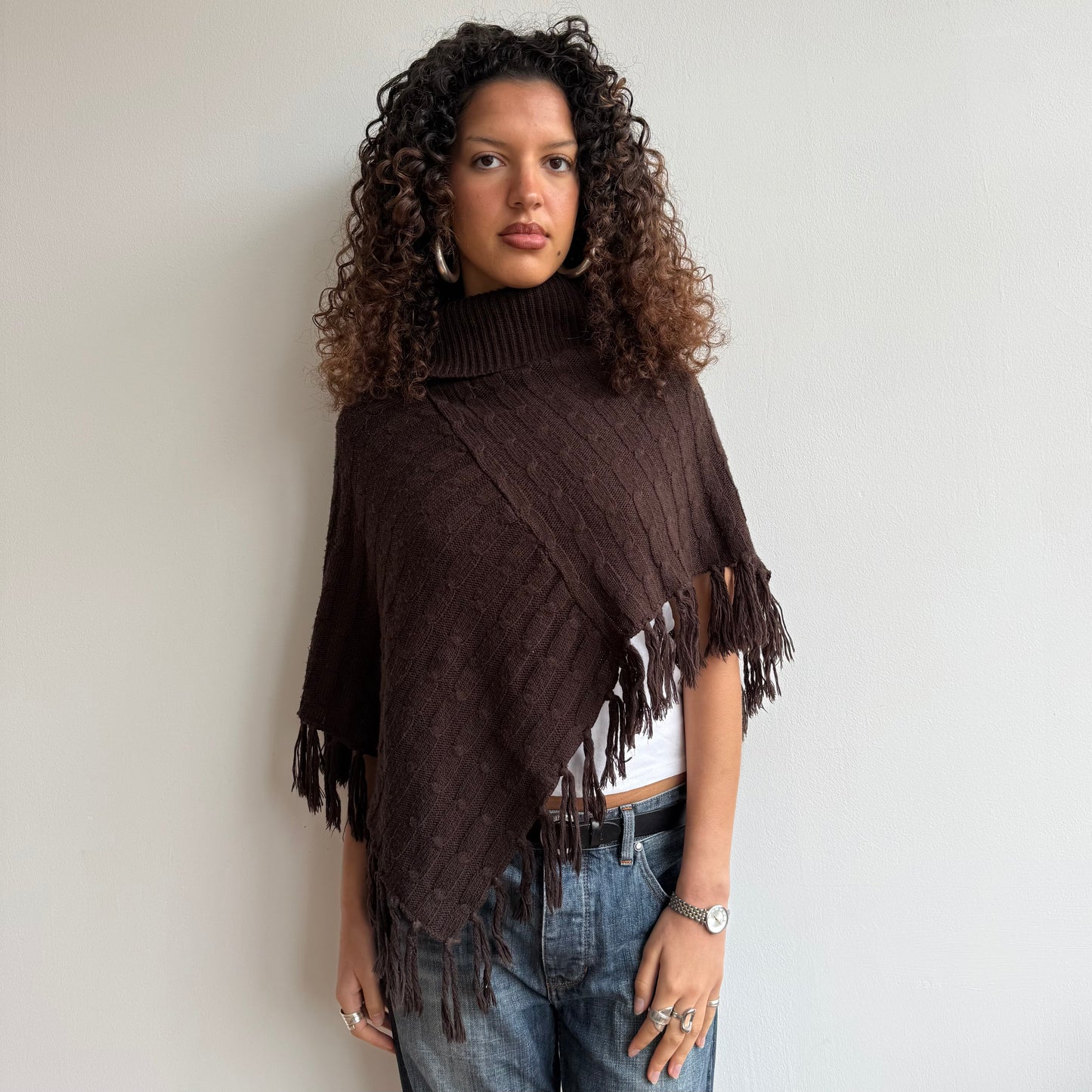 Brown knit roll neck poncho - One Size
