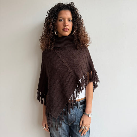 Brown knit roll neck poncho - One Size