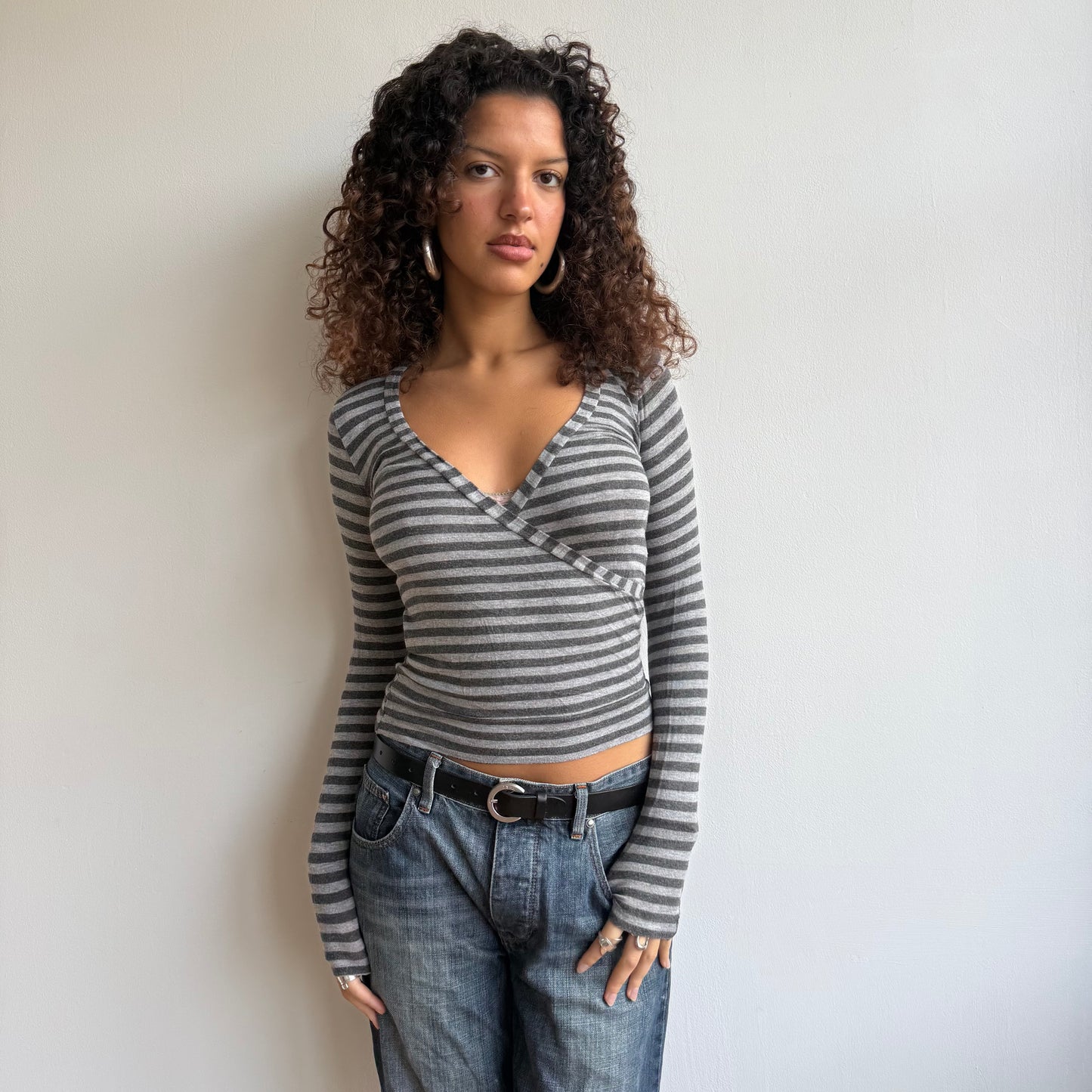 Grey stripe wrap top - Size S