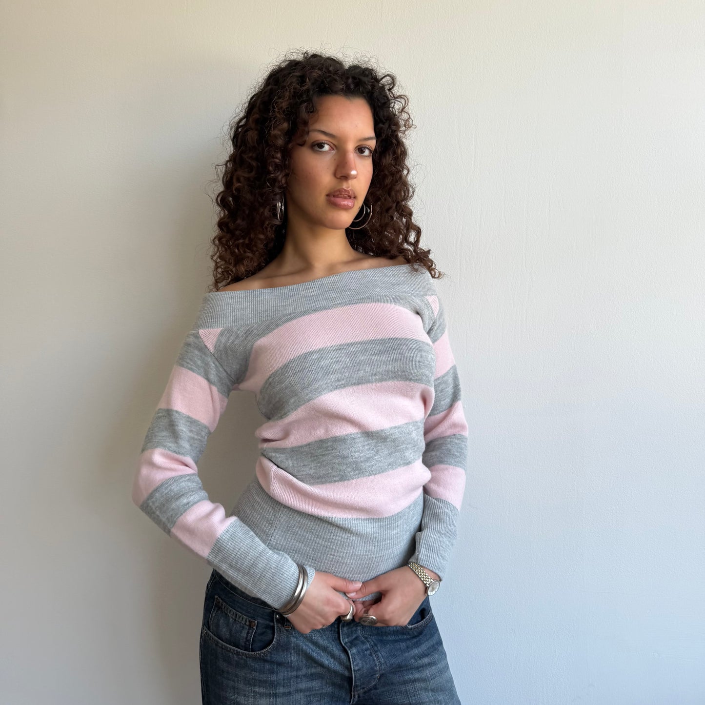 Pink + grey striped bardot knit - Size S/M