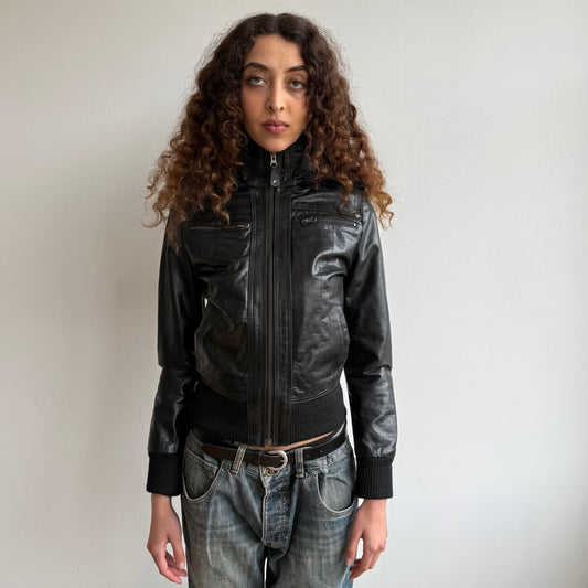 Black leather fur hood bomber - Size S