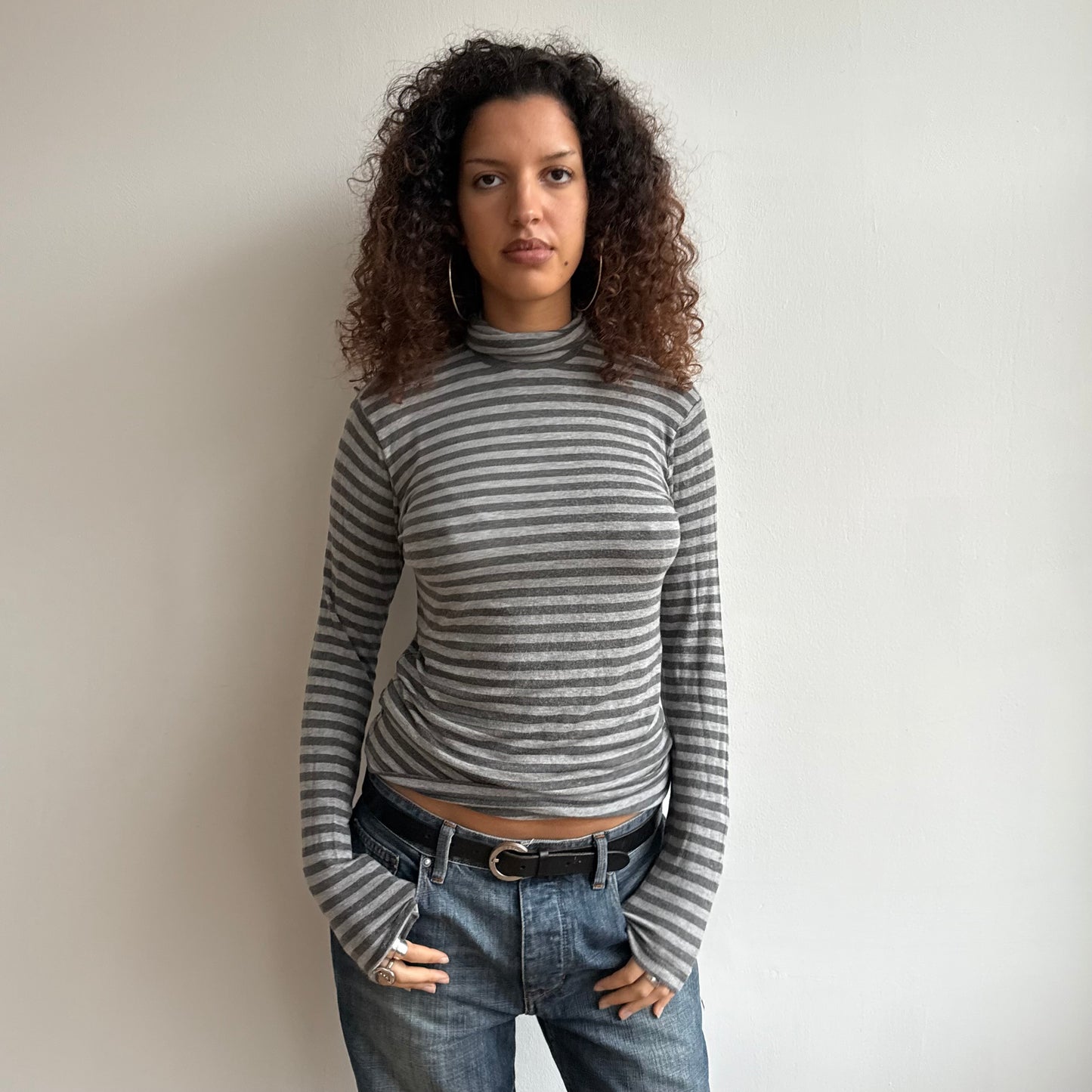 Grey stripe roll neck jumper - Size M