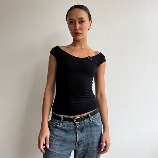 Black button bardot top - Size XS + S
