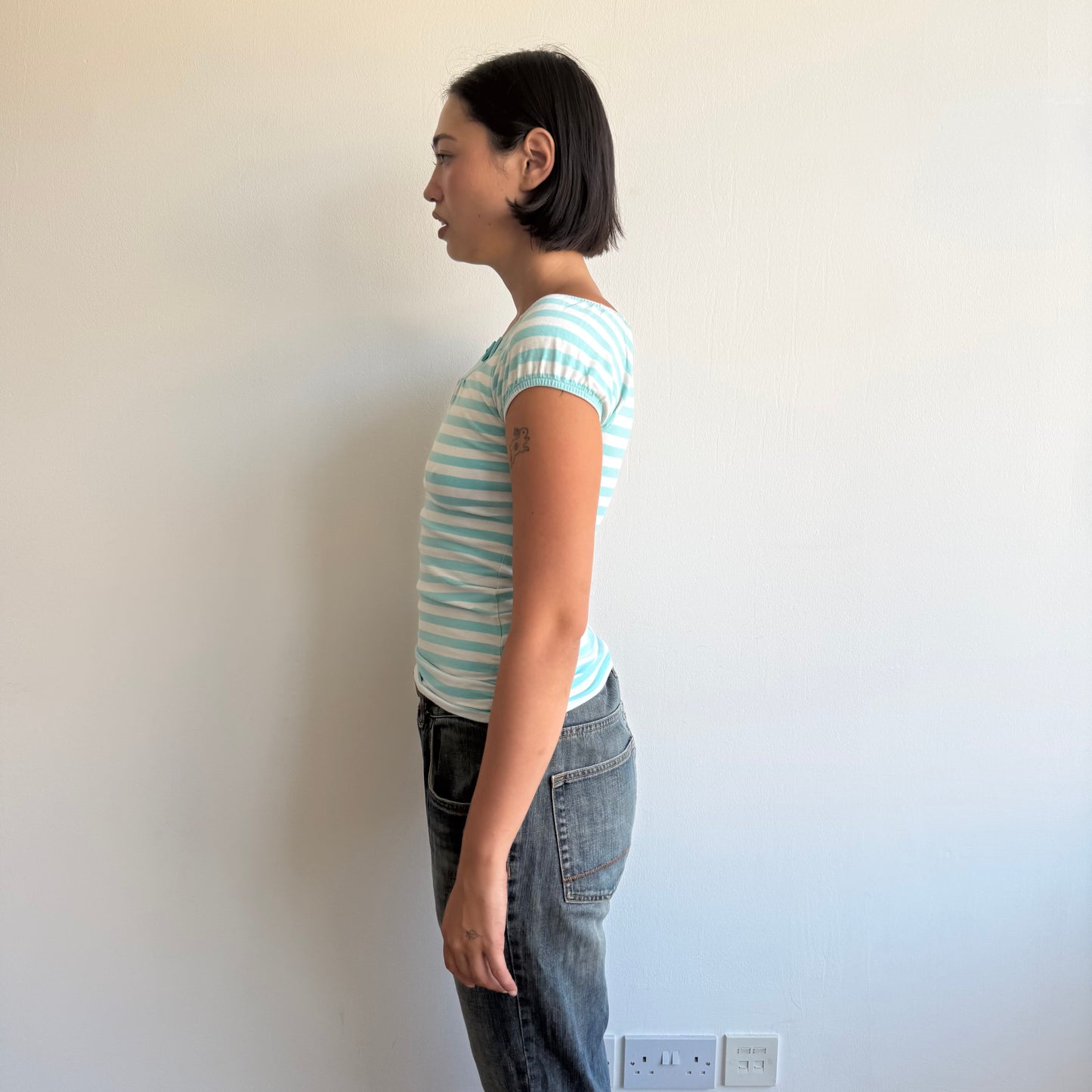 Turquoise striped button top - Size M