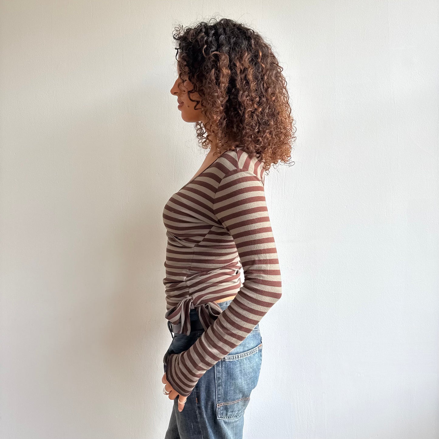Khaki + brown striped long sleeve top - Size M