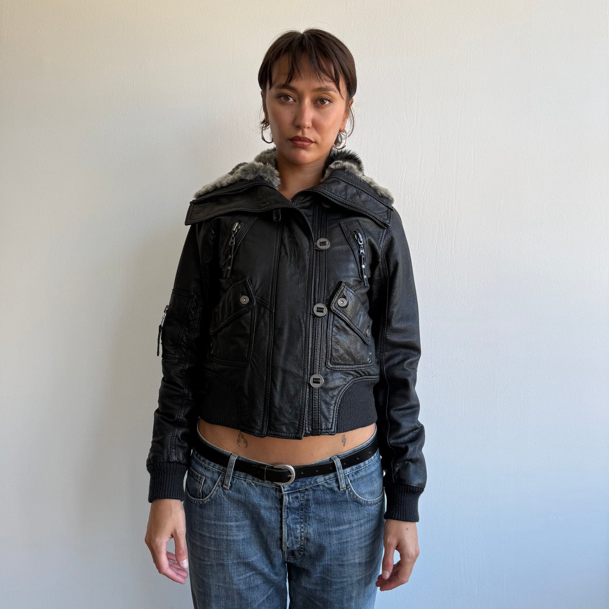 Black leather fur collar bomber - Size S/M