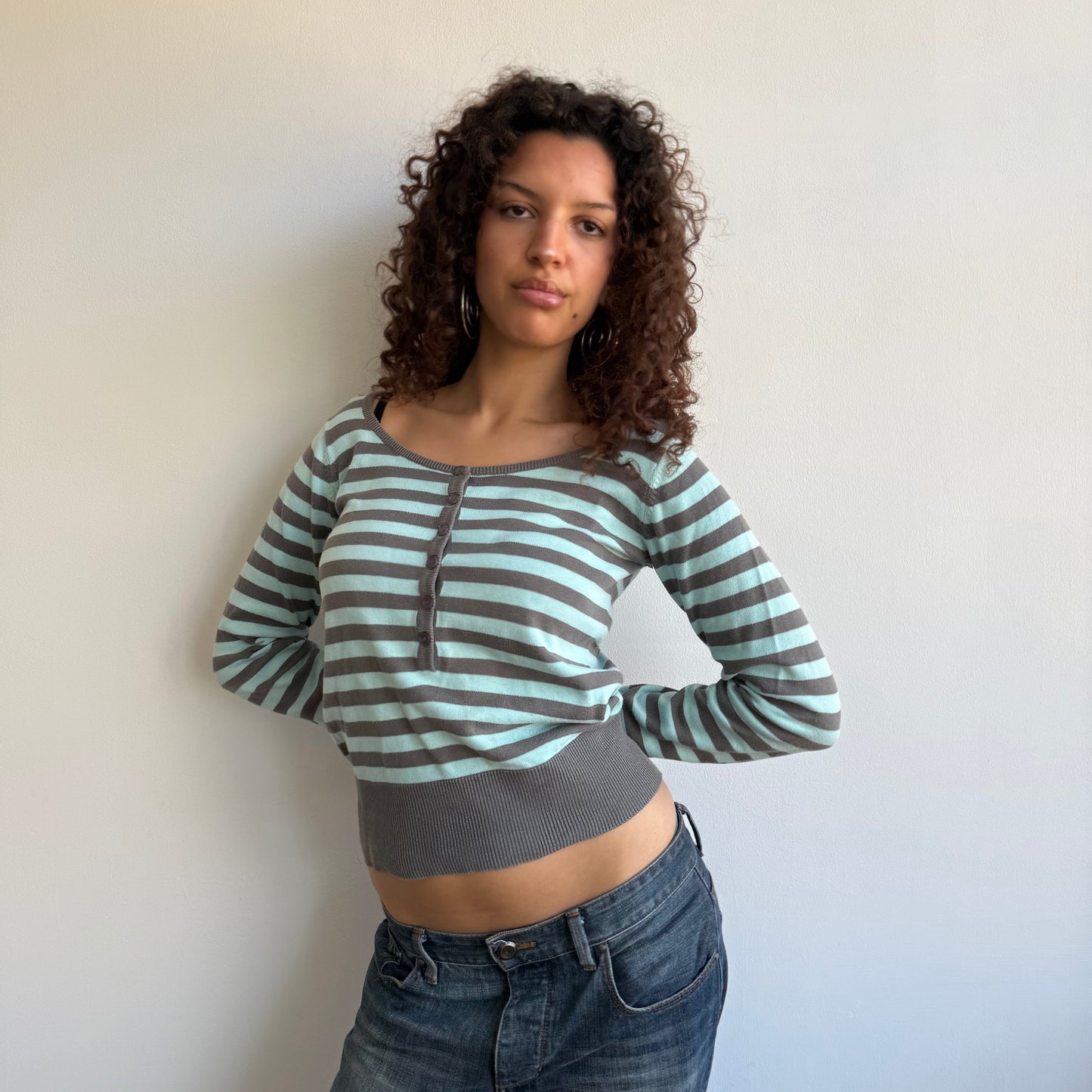Turquoise + grey striped knit- Size S
