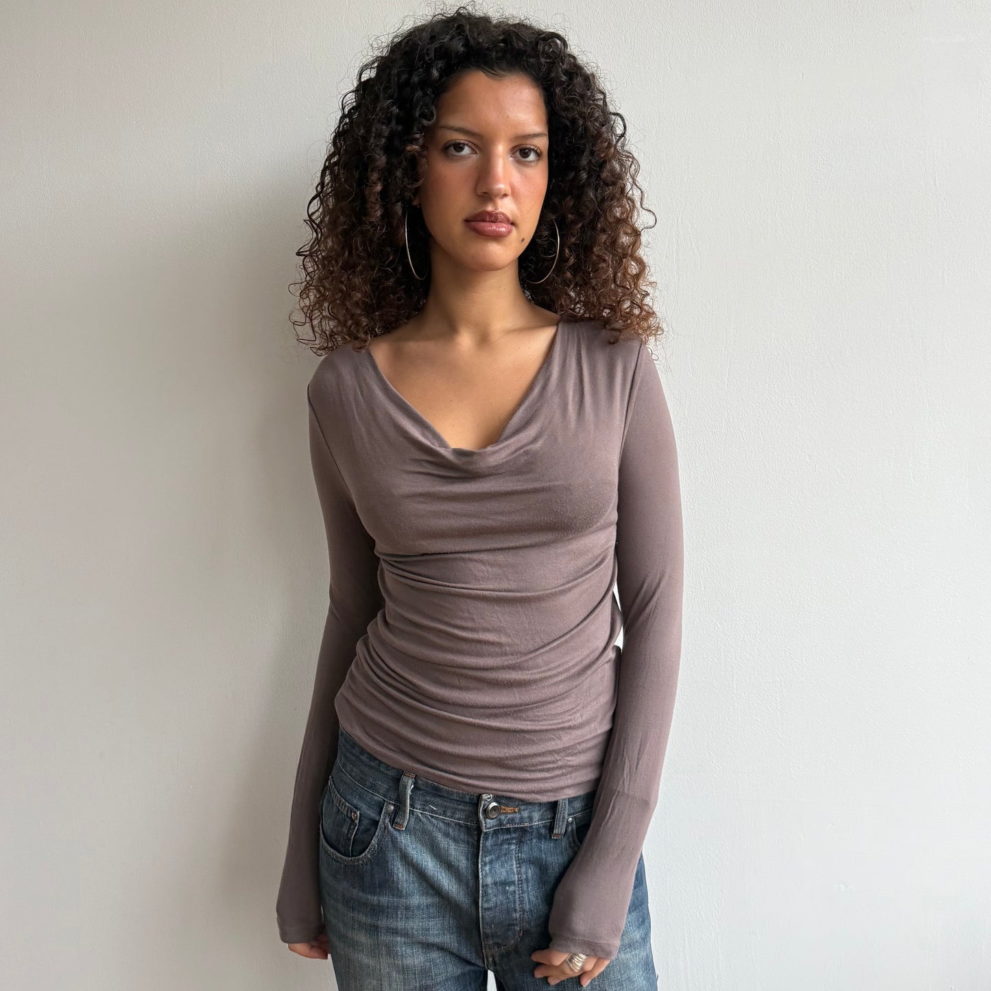 Taupe slouchy long sleeve cowl top - Size S/M