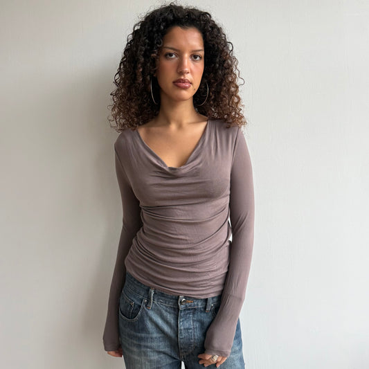 Taupe slouchy long sleeve cowl top - Size S/M