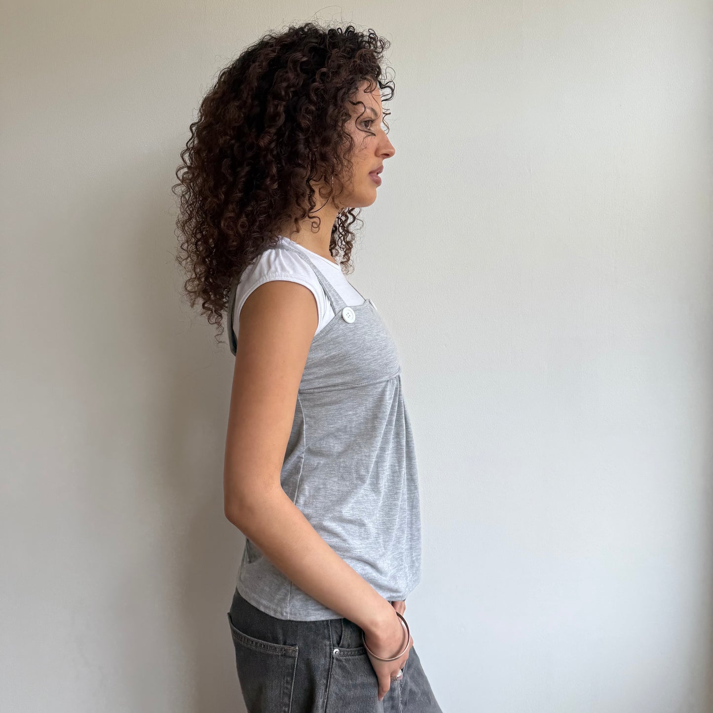 Grey + white dungaree top - Size S