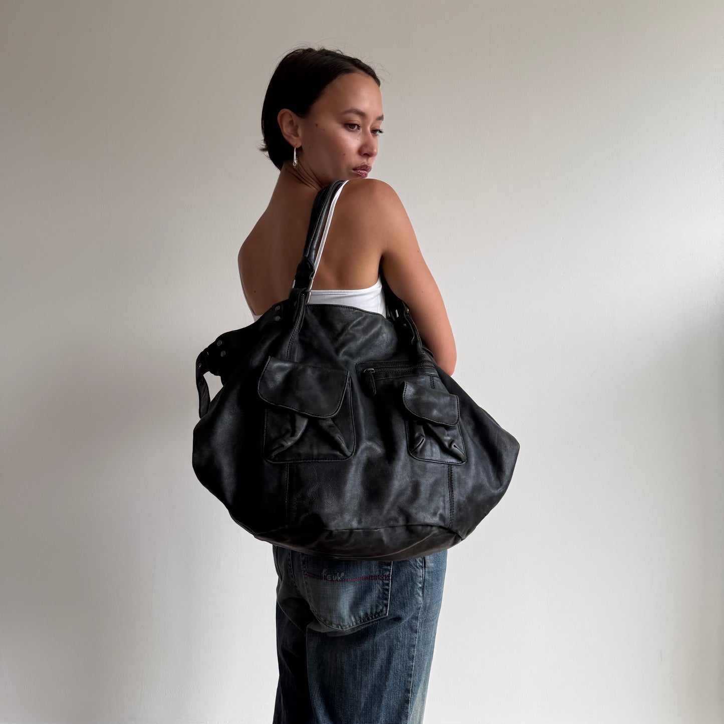 Black leather buckle bag - One Size