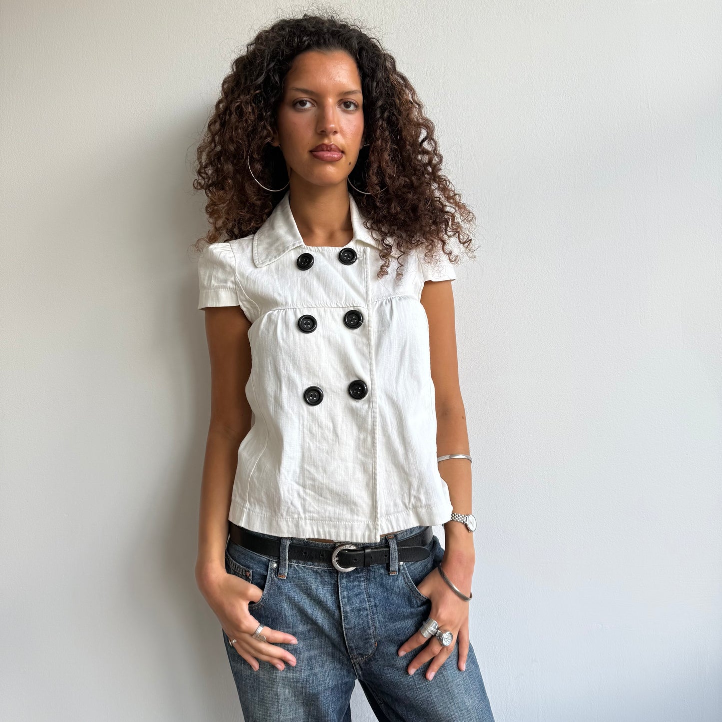 White cotton short sleeve peacoat - Size S