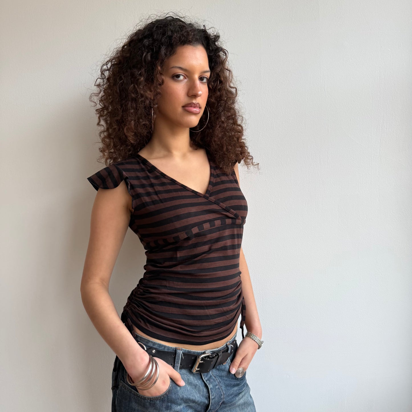 Brown striped ruched top - Size L