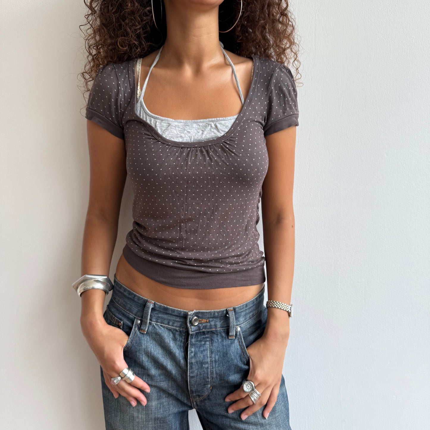 Brown polka dot striped halter top - Size S-M