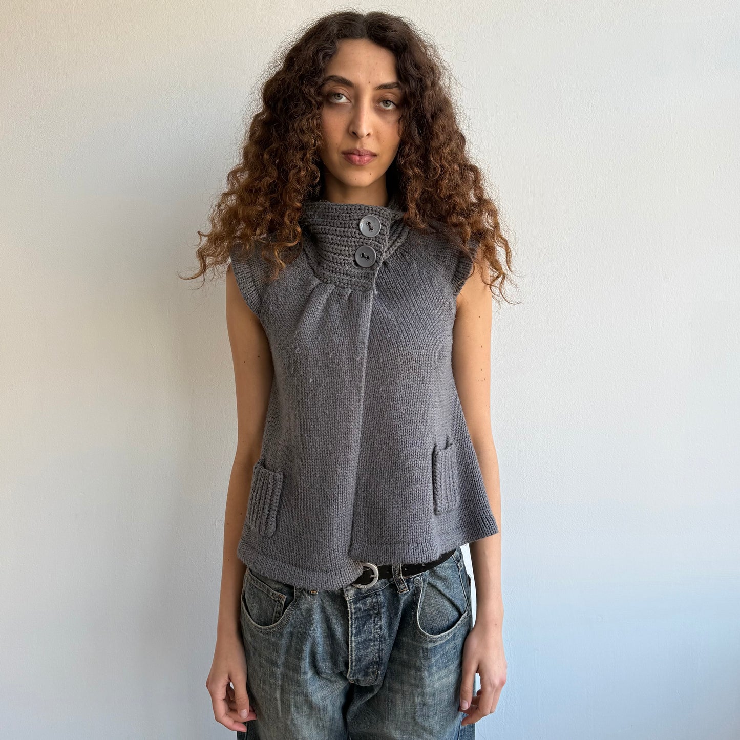 Grey button neck open front cardi - Size S