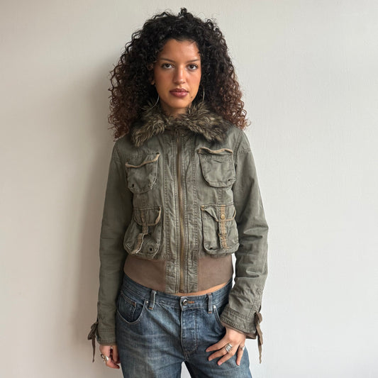 Khaki fur collar cargo bomber - Size M