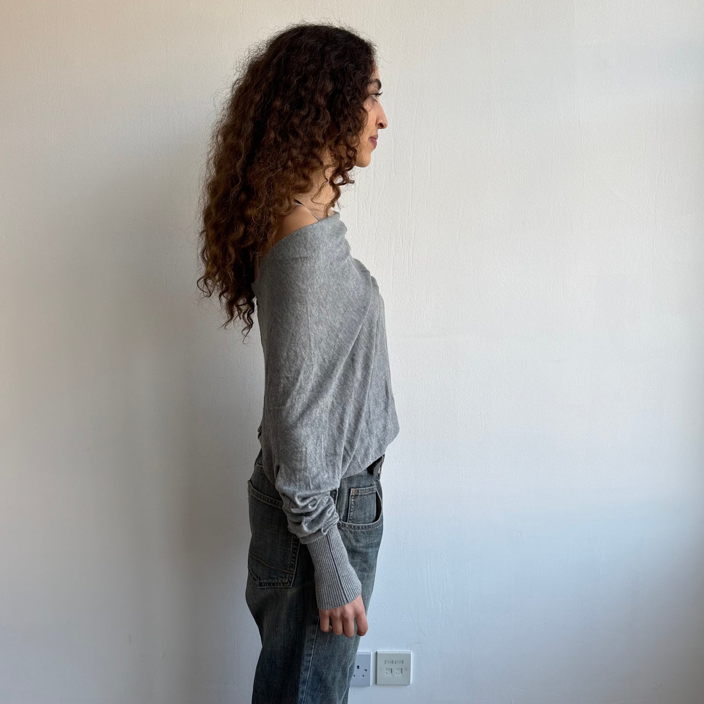 Grey slouchy button batwing jumper - Size M