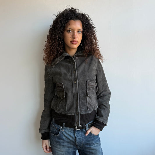 Washed brown leather bomber - Size M