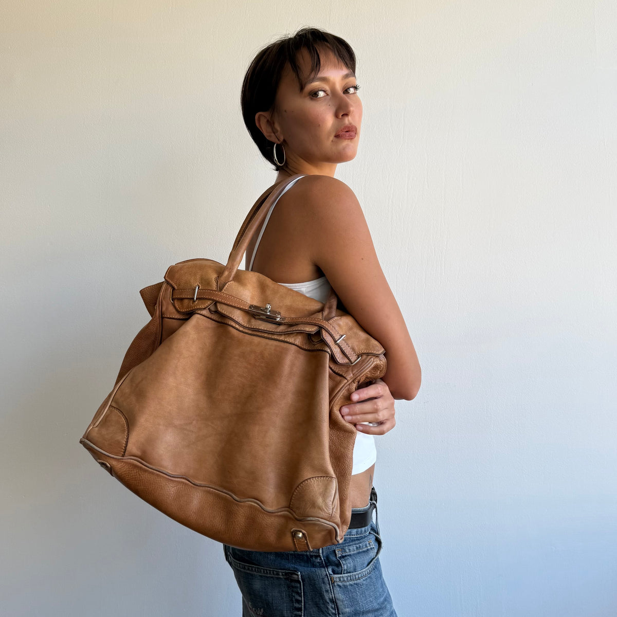 Peach leather firkin bag - One Size