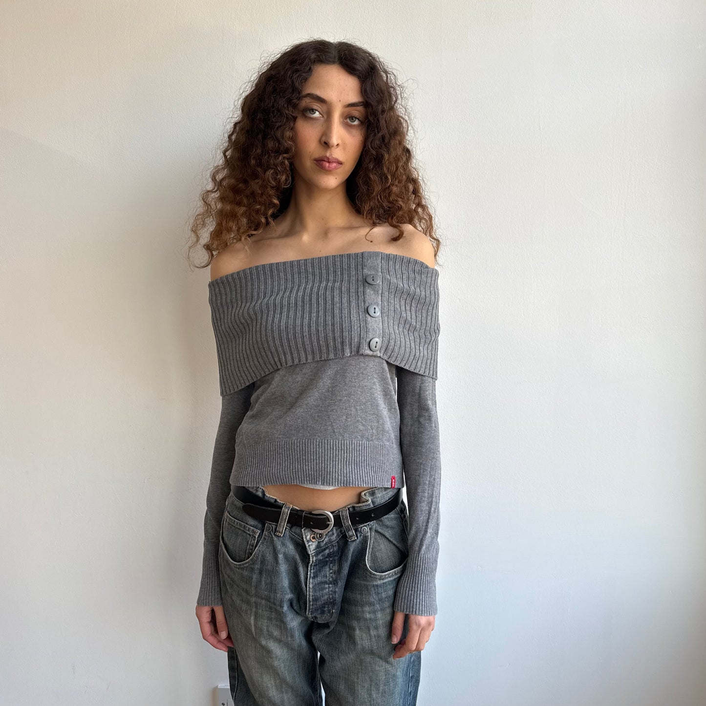 Grey bardot button knit jumper - Size S