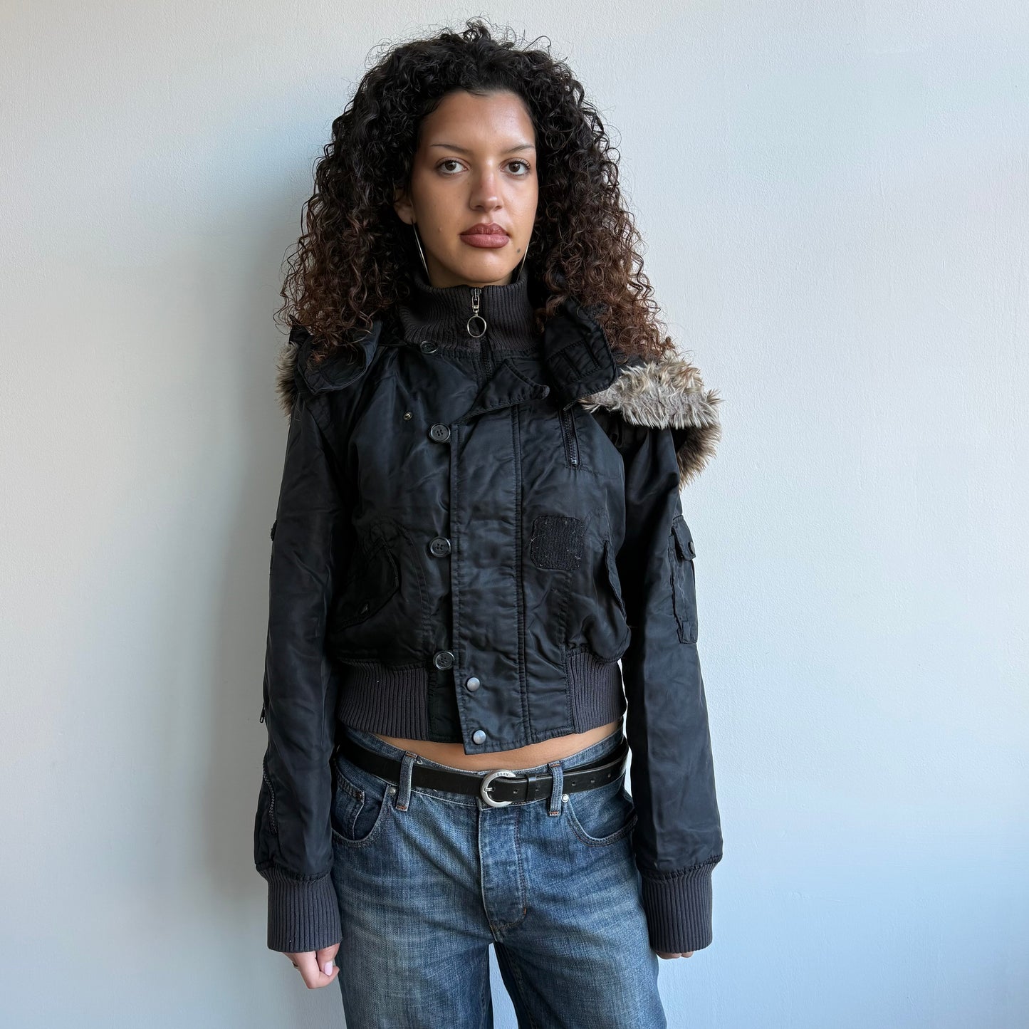 Black faux fur hood bomber - Size M