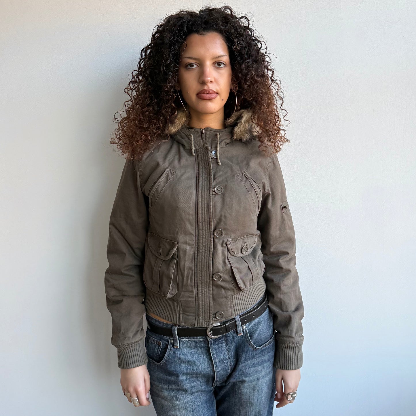 Khaki cargo bomber faux fur hood - Size S/M