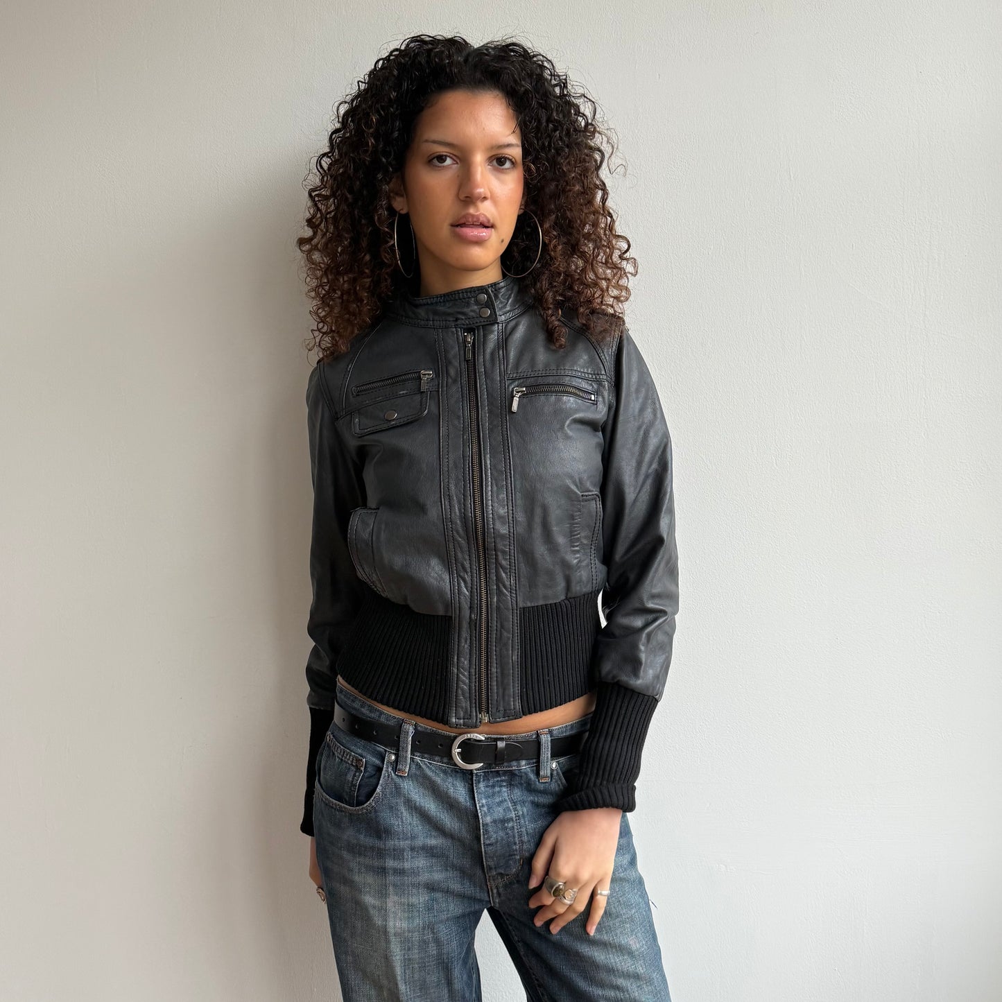 Charcoal leather bomber jacket - Size S/M